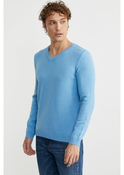 V Yaka Basic Triko Kazak - Açık Mavi modelleri