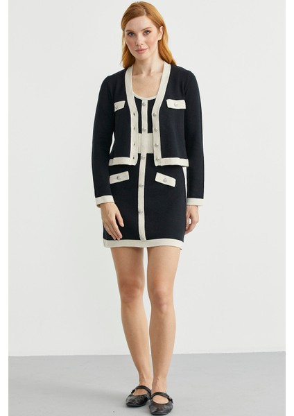 Blok Geçişli Elbise Hırka Triko Takım - Taş