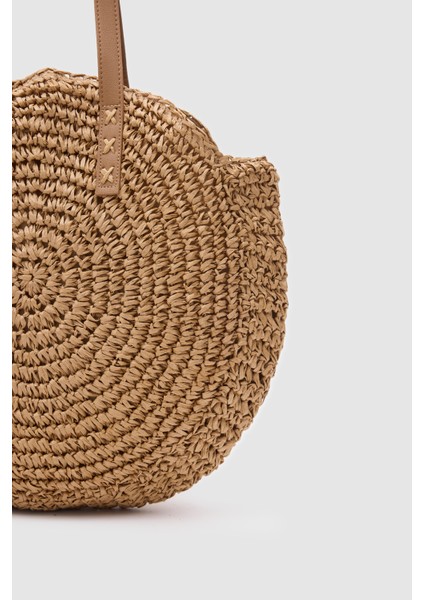 Hasır Deri Saplı Fermuarlı L. Gold Aksesuarlı Omuz Çantası