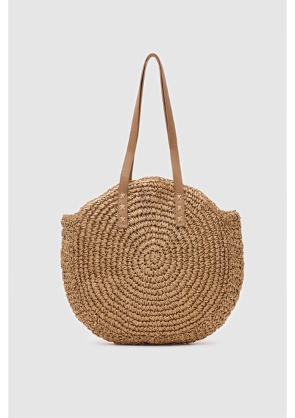 Hasır Deri Saplı Fermuarlı L. Gold Aksesuarlı Omuz Çantası fırsatları