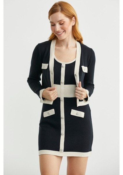 Blok Geçişli Elbise Hırka Triko Takım - Taş modelleri