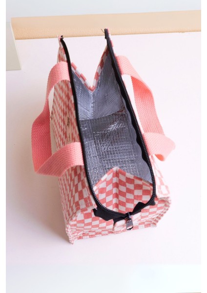 Isı Yalıtımlı Kareli Pembe Yemek Çantası modelleri