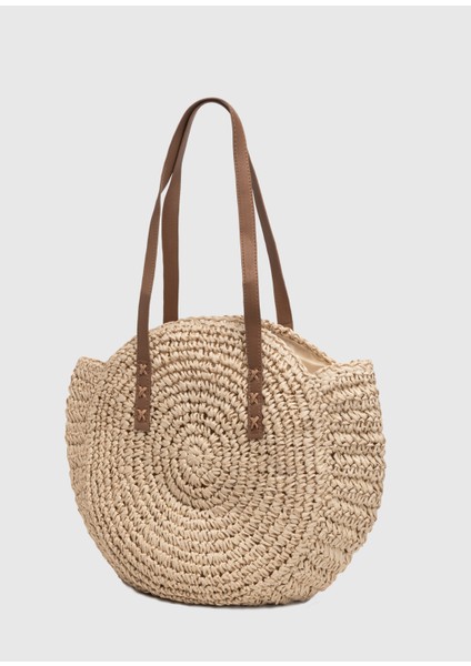 Hasır Deri Saplı Fermuarlı L. Gold Aksesuarlı Omuz Çantası