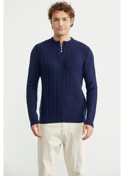 Yarım Fermuarlı Dik Yaka Triko Kazak - Lacivert