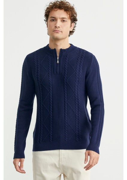 Yarım Fermuarlı Dik Yaka Triko Kazak - Lacivert fiyatları