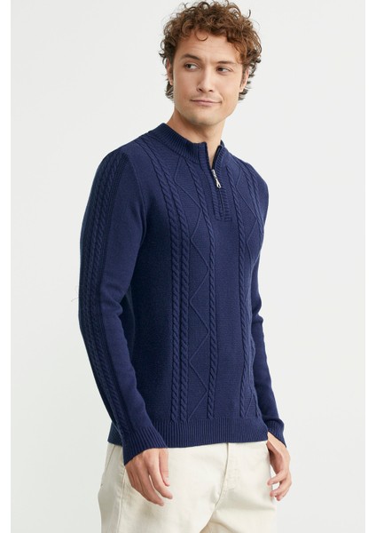 Yarım Fermuarlı Dik Yaka Triko Kazak - Lacivert modelleri