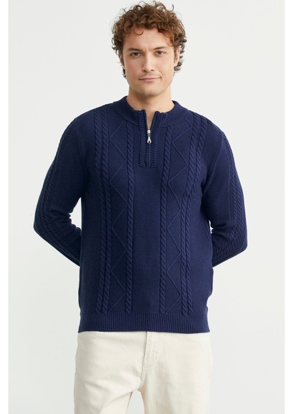 Yarım Fermuarlı Dik Yaka Triko Kazak - Lacivert fırsatları