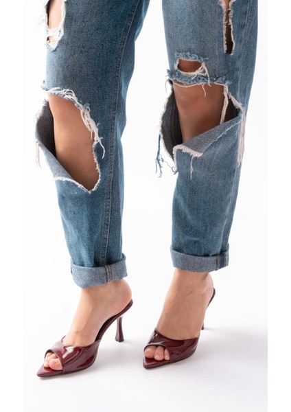 716 Bordo Rugan Sivri Burunlu Topuklu Kadın Terlik fiyatları