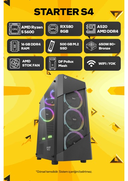 Starter S4 Amd Ryzen 5 5600 16GB Ram 500GB SSD RX580 8gb Freedos Oyuncu Tavsiye Sistem