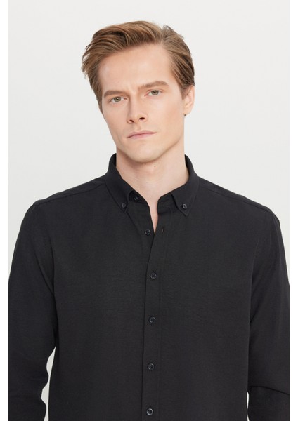 Erkek Siyah Düğmeli Yaka Kolay Ütülenebilir Pamuklu Slim Fit Dar Kesim Oxford Gömlek