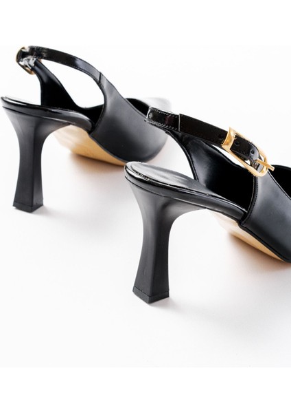 719 Siyah Rugan Sivri Burunlu Toka Detaylı Topuklu Kadın Ayakkabı indirimleri