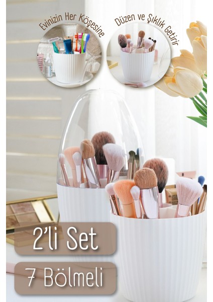 2'li Fanus Kapaklı 7 Bölmeli Makyaj Organizeri Beyaz