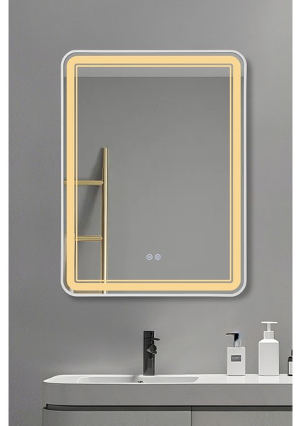 Akıllı Ayna Buhar Tutmayan 3 Renk Ledli Beyaz Çerçeveli Banyo Aynası Lavabo Aynası 60X90 Cm modelleri