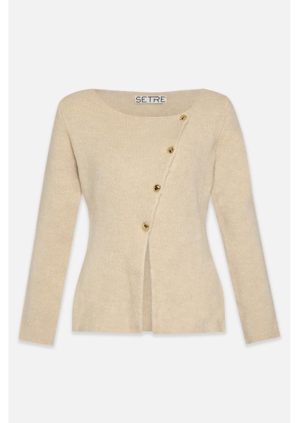 Taş Asimetrik Düğme Detaylı Uzun Kollu Triko