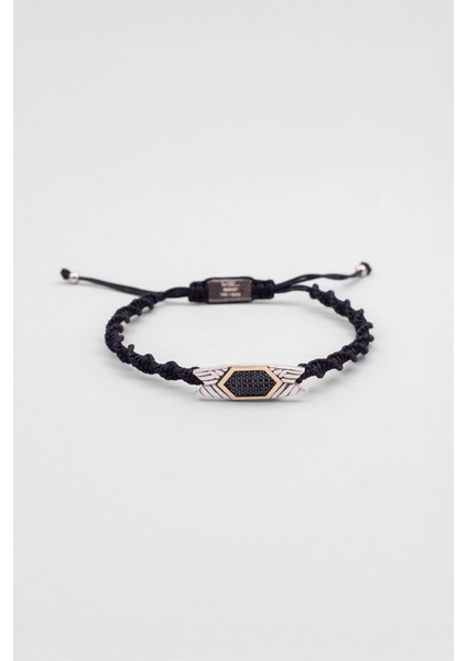 Siyah Ipli 14 Ayar Altın Erkek Ayarlanabilir Gümüş Ipli Bileklik