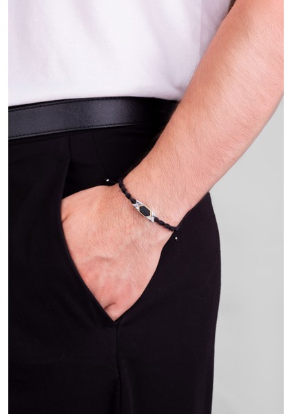 Siyah Ipli 14 Ayar Altın Erkek Ayarlanabilir Gümüş Ipli Bileklik fırsatları