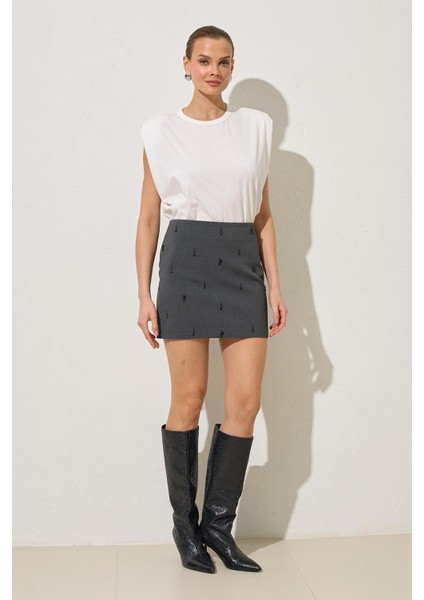 Antrasit Inci Detaylı Mini Etek