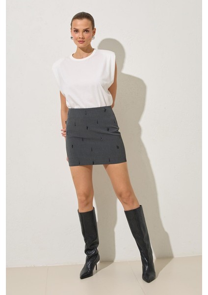 Antrasit Inci Detaylı Mini Etek fiyatları