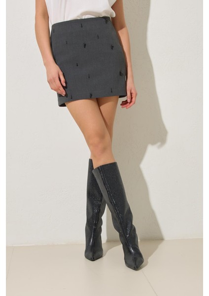 Antrasit Inci Detaylı Mini Etek modelleri