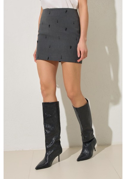 Antrasit Inci Detaylı Mini Etek fırsatları