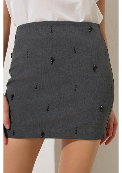 Antrasit Inci Detaylı Mini Etek indirimleri