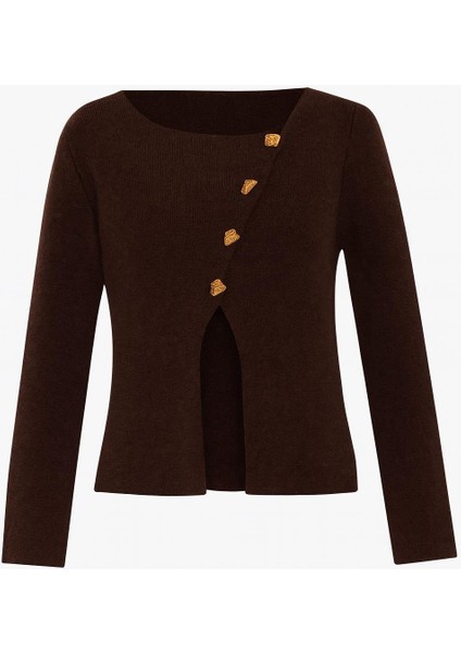 Acı-Kahve Asimetrik Düğme Detaylı Uzun Kollu Triko