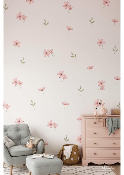 Pembe Çayır ve Kır Çiçekleri Yaprak Desenli Mat Kendinden Yapışkanlı Duvar Sticker – Çocuk ve Bebek Odası Dekoru indirimleri