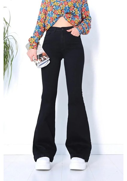 Kadın Gable Siyah Yüksek Bel İspanyol Paça Kot Pantolon Pamuk Elastan 4 Mevsim