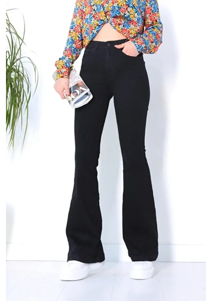 Kadın Gable Solmayan Siyah Yüksek Bel Ispanyol Paça Kot Pantolon fiyatları