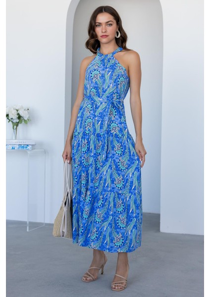 Halter Yaka Etnik Desenli Viskon Uzun Elbise