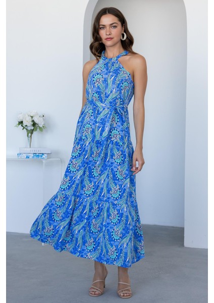 Halter Yaka Etnik Desenli Viskon Uzun Elbise fiyatları