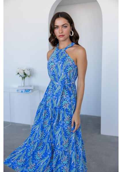 Halter Yaka Etnik Desenli Viskon Uzun Elbise modelleri