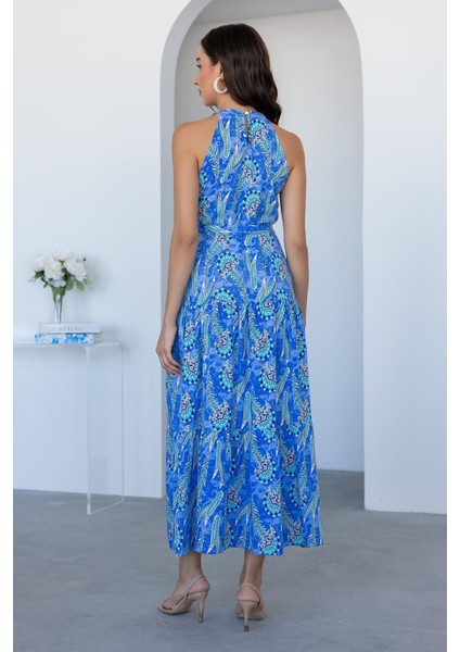 Halter Yaka Etnik Desenli Viskon Uzun Elbise fırsatları