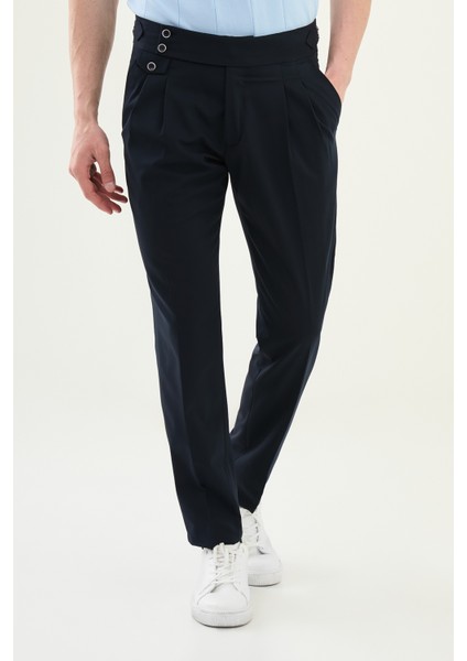 Pileli Lacivert Super Slim Fit Beli Tokalı Erkek Pantolon