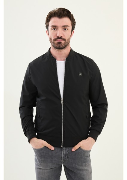 Düz Siyah Slim Fit Hakim Yaka Erkek Mont