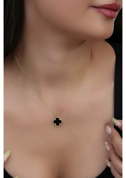 14K Altın Kaplamalı 925 Ayar Gümüş Granada Saray Yoncası Kolye - Siyah Oniks 231829002 fiyatları