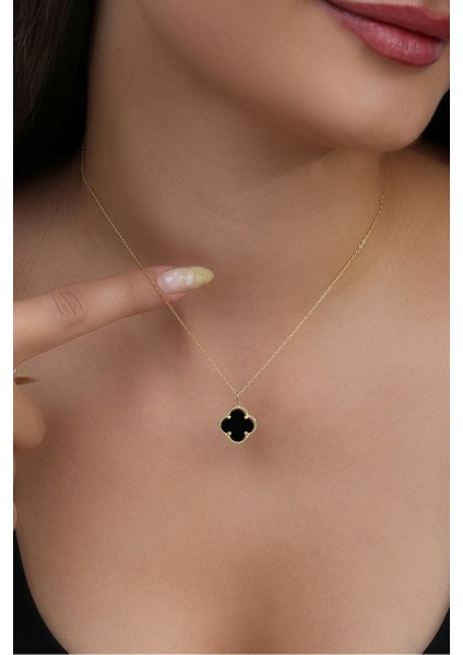 14K Altın Kaplamalı 925 Ayar Gümüş Granada Saray Yoncası Kolye - Siyah Oniks 231829002 modelleri