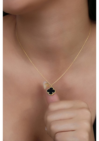 14K Altın Kaplamalı 925 Ayar Gümüş Granada Saray Yoncası Kolye - Siyah Oniks 231829002 fırsatları