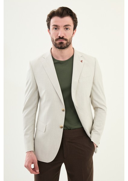 Ekoseli Bej Slim Fit Mono Yaka Erkek Ceket