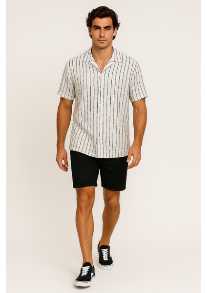 Apaş Yaka Çizgili Esnek Bürümcük Kumaş Erkek Gömlek