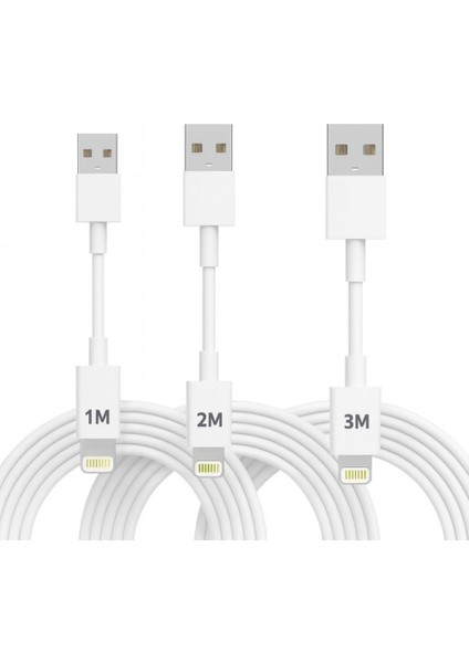 3 Paket 3A 60W Usba To Lightning Hızlı Data ve Şarj Kablosu 1 Metre/ 2 Metre/ 3 Metre Beyaz
