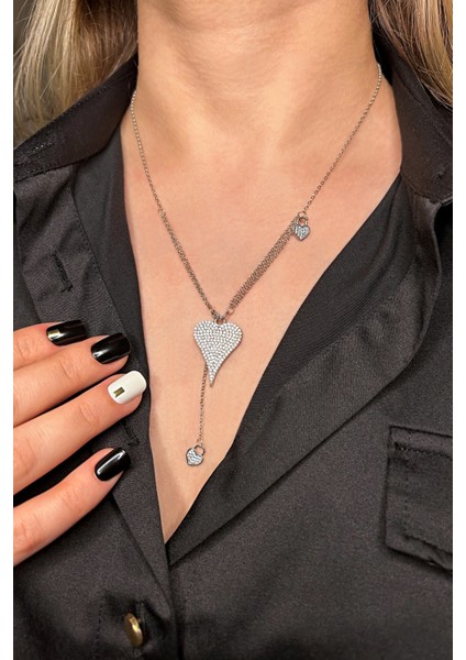 925 Ayar Gümüş Tasarım Çok Zincirli Kalp Kolye - 23177201