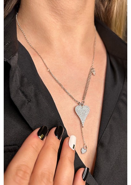 925 Ayar Gümüş Tasarım Çok Zincirli Kalp Kolye - 23177201 fırsatları