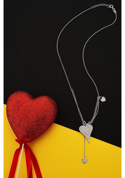 925 Ayar Gümüş Tasarım Çok Zincirli Kalp Kolye - 23177201