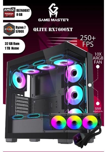 Qlite RX7600XT R7 5700X Cpu 32GB Ram 1tb M.2 RX7600TX 8GB 10X Argb Fan Sıvı Soğutuculu Gaming Pc