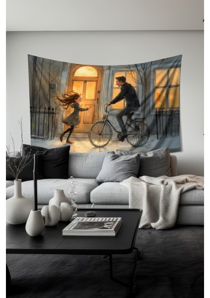Kış Akşamı Kız ve Baba Desenli Duvar Halısı Duvar Örtüsü Tapestry Süet Dokulu Kumaş