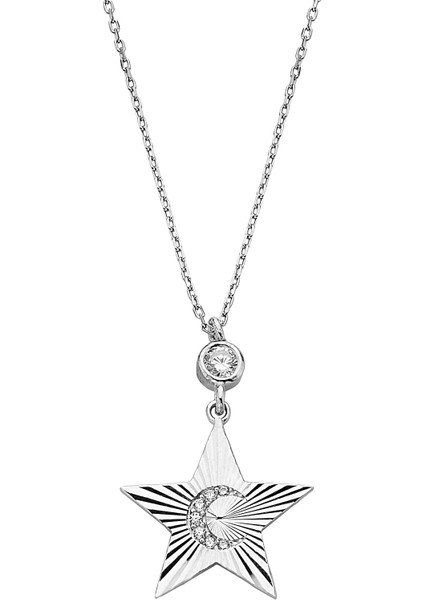 925 Ayar Gümüş Ay Motifli Zirkon Taşlı Yıldız Kolye - 23181701