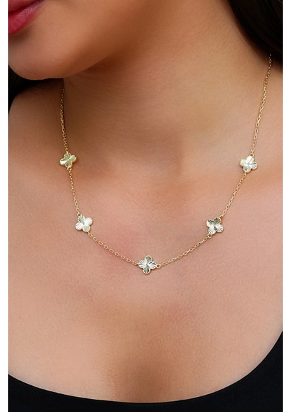 14K Altın Kaplamalı 925 Ayar Gümüş Kalemli Granada Saray Yoncaları Kolye - 23183601