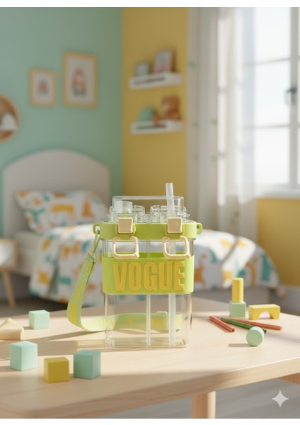 Çift Bölmeli Vogue Matara, Çift Kapaklı, Pipetli, Boyun Askılı Çocuk Okul Suluk Anaokulu