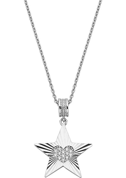 925 Ayar Gümüş Kalp Motifli Zirkon Taşlı Yıldız Kolye - 23181601